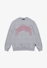 Sudadera de manga larga de color gris claro con texto en estilo gótico rojo "wastedparis" que hace un arco en el pecho y una pequeña etiqueta de marca negra en el costado.
