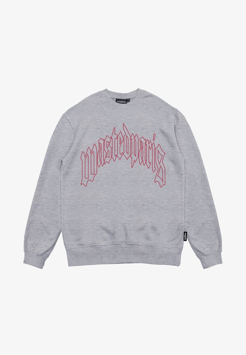 Sudadera de manga larga de color gris claro con texto en estilo gótico rojo "wastedparis" que hace un arco en el pecho y una pequeña etiqueta de marca negra en el costado.