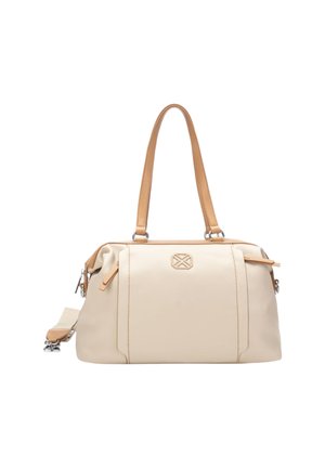Borsa rettangolare color crema con manici color cuoio chiaro, tracolla rimovibile, chiusure con cerniera e piccolo logo in rilievo sul davanti.