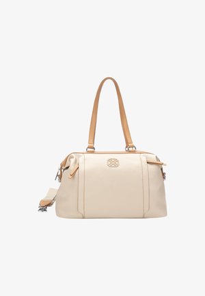 Borsa rettangolare color crema con manici color cuoio chiaro, tracolla rimovibile, chiusure con cerniera e piccolo logo in rilievo sul davanti.