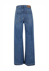 Wide-leg blue denim jeans with a high waist, two back pockets, and minimal stitching. The fabric has a medium wash and slight texture.