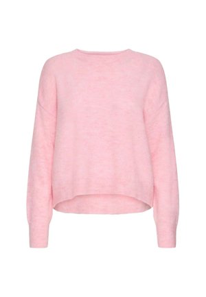 Maglione rosa chiaro morbido a maniche lunghe con girocollo, orlo leggermente più lungo dietro e polsini e fascia a coste.