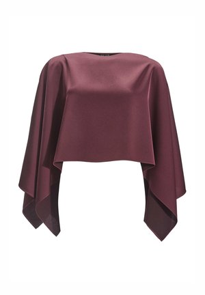 Burgundy satin cape with a loose fit, wide sleeves, and a rounded neckline. Smooth texture and draped design.
