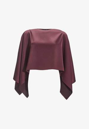 Burgundy satin cape with a loose fit, wide sleeves, and a rounded neckline. Smooth texture and draped design.