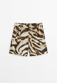 Pantaloni corti marroni e beige con stampa zebra, realizzati in lino, dotati di due tasche laterali e chiusura con zip.