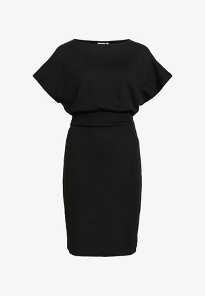 Black knee-length dress with wide batwing sleeves and fitted waist, made from a knit fabric with a round neckline.