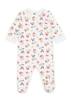 Weißer Baby-Body mit bunten Cartoon-Tieren, Vögeln und Backwaren bedruckt, mit langen Ärmeln und bedeckten Füßen.