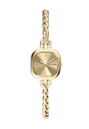 Goldfarbene Skagen Denmark Armbanduhr mit quadratischem Zifferblatt, minimalistischem Zifferblatt und verdrehtem Gliederarmband.