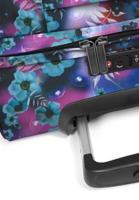 Hard-shell suitcase with floral pattern in blue and purple. Features double zippers, a combination lock, and a retractable handle.