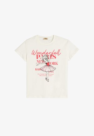 Crème-kleurig katoenen t-shirt met een grafische print van een balletdanseres en tekst in het roze, met korte mouwen en een ronde hals.