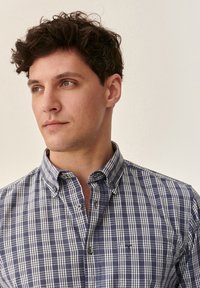 Blauw-wit geruite blouse met kraag en klein borstlogo, gemaakt van lichtgewicht stof, met een relaxte pasvorm.