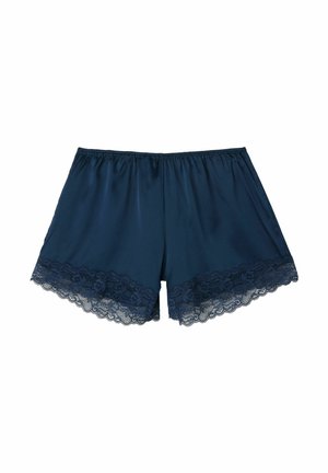 Marinblå satinshorts med elastisk midja, med en delikat spetsdetalj i nederkant. Slät textur, lös passform.