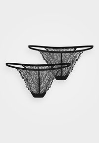 Sort blonde g-streng med bølgede kanter, prydet med delikate blomsterdesigns og tynde elastiske stropper, dobbeltpakke. Blød tekstur, gennemsigtig design.