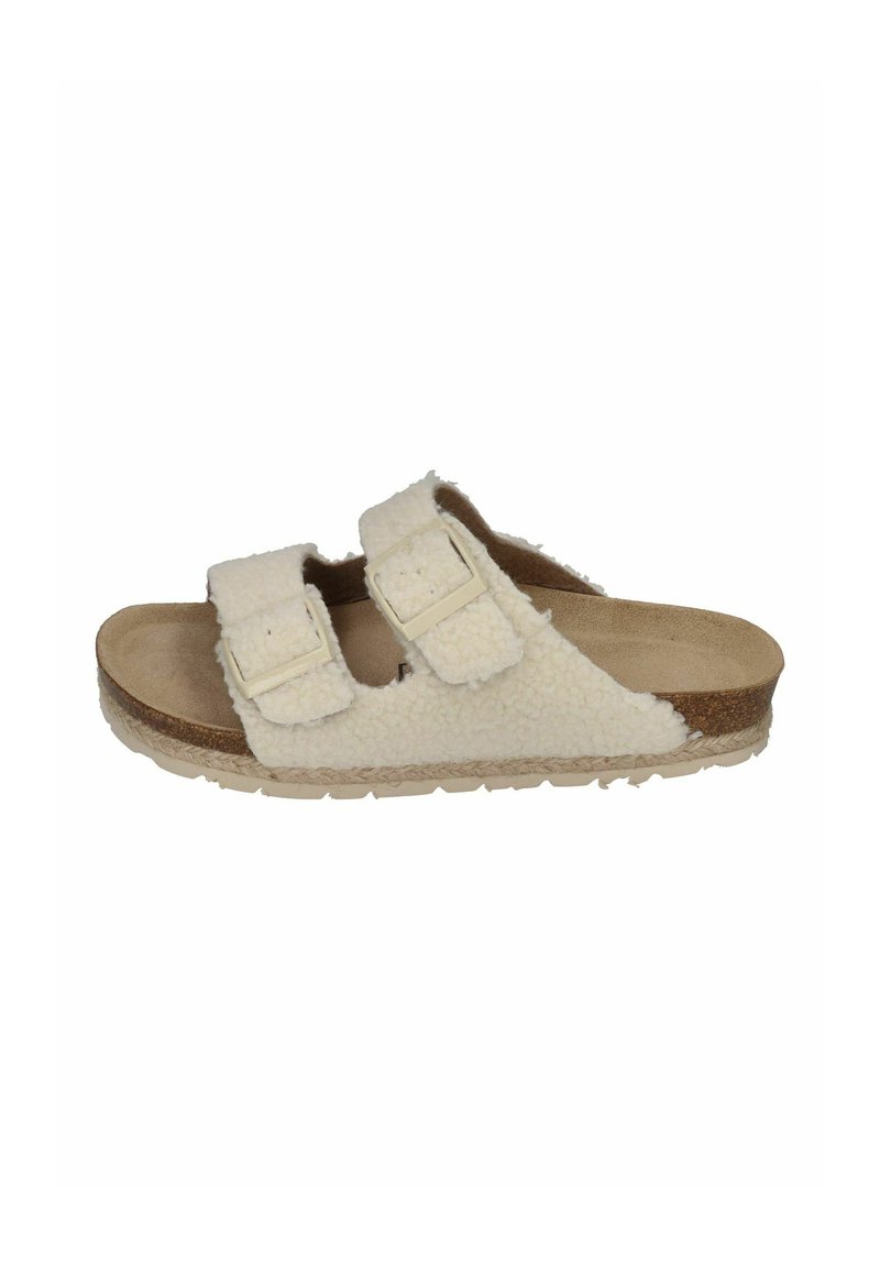 White, fuzzy sandals with two adjustable straps, cork footbed, and a textured sole. Features a soft, plush upper and durable outsole.