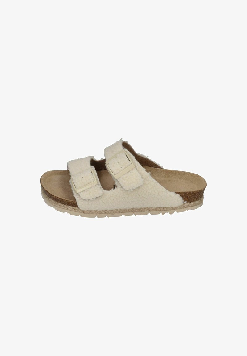 White, fuzzy sandals with two adjustable straps, cork footbed, and a textured sole. Features a soft, plush upper and durable outsole.