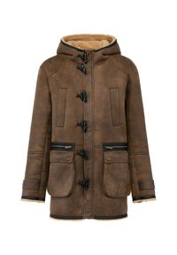 Brązowy skórzany płaszcz z kapturem, z czarnymi zapięciami na toggle, dwiema kieszeniami na zamek błyskawiczny i puszystą brązową podszewką. Teksturowany, ciepły design.