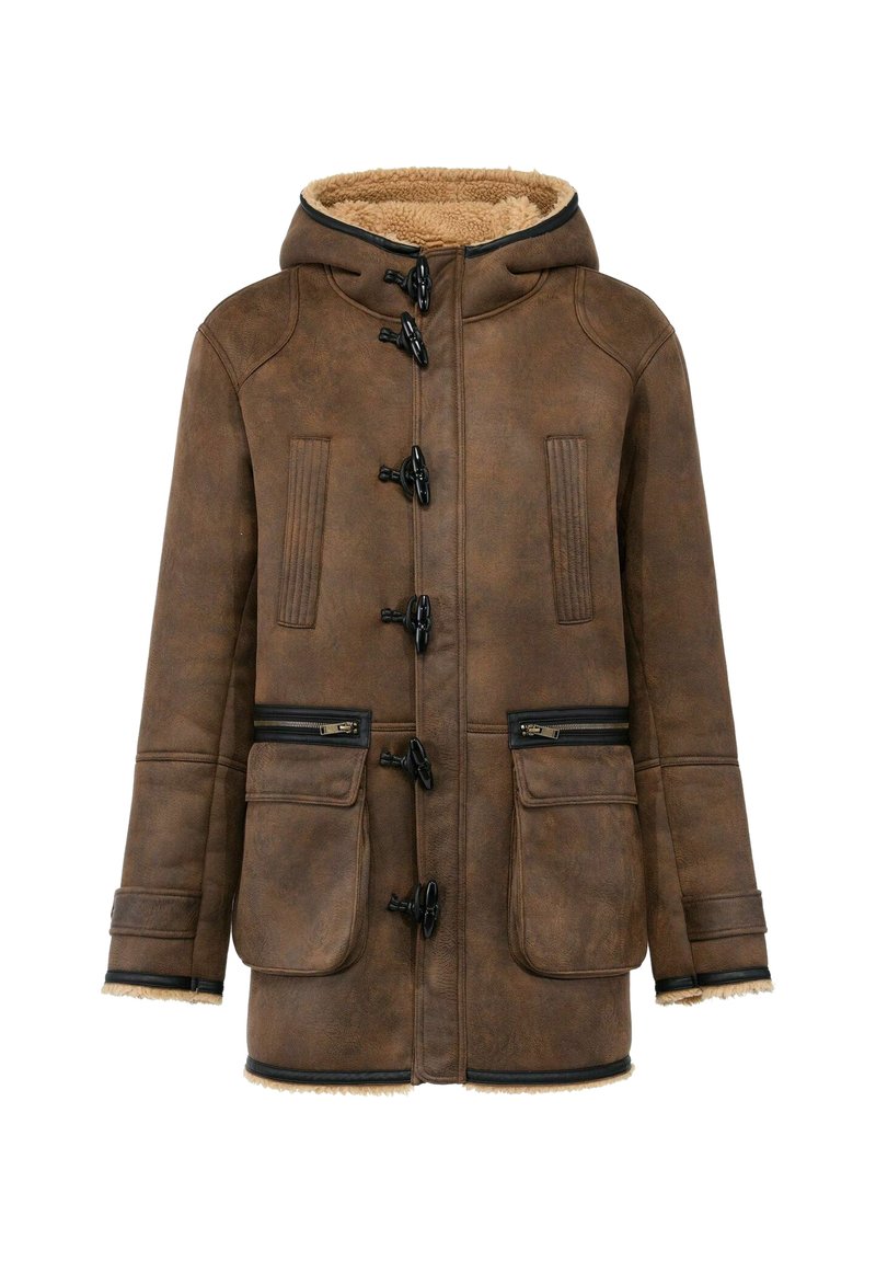 Brauner Lederanzug mit Kapuze, ausgestattet mit schwarzen Knebelverschlüssen, zwei Reißverschluss-Taschen und einem wuscheligen braunen Futter. Estrukturiertes, warmes Design.