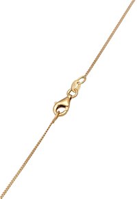 Goldene Kettenhalskette mit einem strukturierten, ineinandergreifenden Design und einem Karabinerverschluss. Glatte Oberfläche entlang der gesamten Länge.