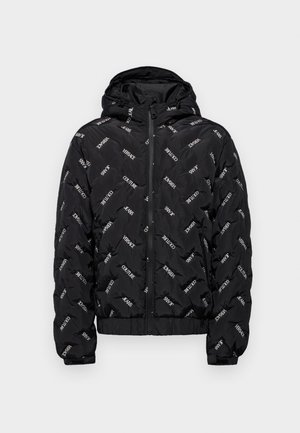 Black padded jacket with a zip front and hood, featuring a repeating white logo pattern. Elastic cuffs and hem provide a snug fit.