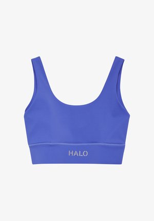 Fioletowy sportowy biustonosz z szerokimi ramiączkami i logo "HALO" wydrukowanym na srebrno na taśmie pod biustem.