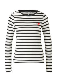 Bluzka z długim rękawem w czarno-białe paski wykonana z dzianiny prążkowanej, z małym czerwonym serduszkiem na lewej piersi. Klasyczny okrągły dekolt.