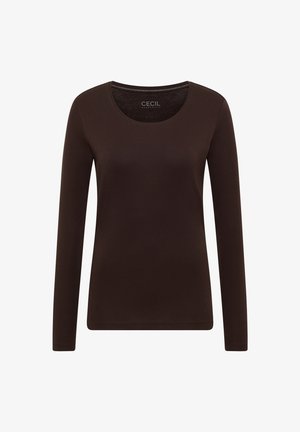 Chemise à manches longues marron en tissu doux, avec un col rond et un design basique sans embellissements ni motifs.