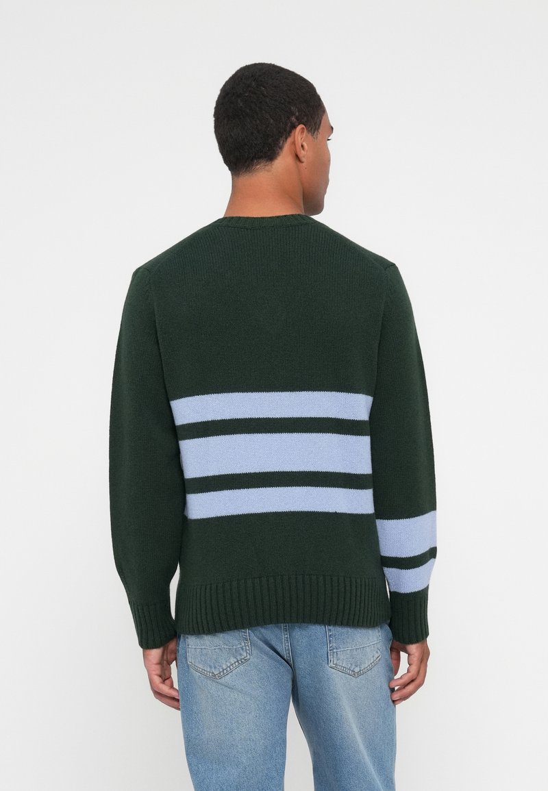 Grøn strikket sweater med rund halsudskæring, der har tre vandrette lyseblå og mørkegrønne striber på ryggen. Ribbet kant og manchetter.