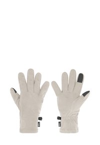 Fleece gloves in light gray with textured palms, elastic wrist, and touchscreen-compatible fingertips. Smooth finish, four-finger design.