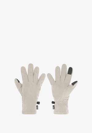 Fleece handschoenen in lichtgrijs met gestructureerde handpalmen, elastische pols en touchscreen-compatibele vingertoppen. Glad oppervlak, ontwerp met vier vingers.