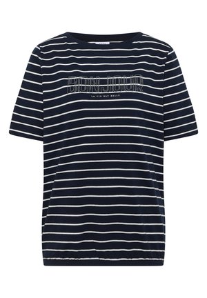 Chemise bleu marine à manches courtes avec des rayures horizontales blanches et un texte en strass "BONJOUR LA VIE EST BELLE" sur le devant.