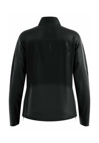 Schwarze Sportjacke mit langen Ärmeln, hohem Kragen, strukturiertem Stoff und reflektierendem Logo im oberen Rückenbereich, von hinten gezeigt.
