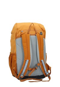 Orange fabric backpack with gray mesh back, dual side pockets, adjustable straps, and a front zip pocket. Features reflective accents.