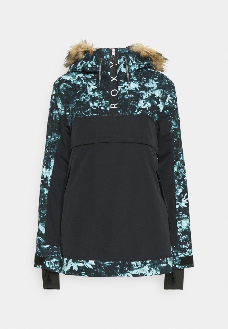 Veste d'hiver noire et turquoise à imprimé floral avec capuche doublée de fourrure, demi-fermeture éclair devant et protège-poignets, vue de dos.