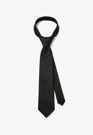 Sort silkegøgle med små hvide prikker, bundet i en klassisk knude, vist fladt på en hvid baggrund.