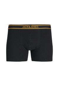 Zwarte katoenen boxershorts met een geelgestreepte tailleband. Heeft een nauwsluitende pasvorm en een gladde textuur. Merknaam weergegeven op de tailleband.