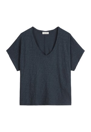 Dark navy short-sleeve T-shirt featuring a V-neck, relaxed fit, and a subtle heathered texture. Brand label visible at the neckline.