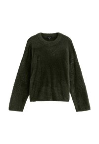 Donkergroene, lange mouwen, zachte trui met ronde hals, met een losse pasvorm en een zachte textuur.