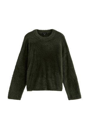 Donkergroene, lange mouwen, zachte trui met ronde hals, met een losse pasvorm en een zachte textuur.