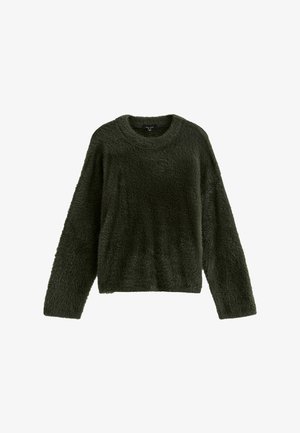 Donkergroene, lange mouwen, zachte trui met ronde hals, met een losse pasvorm en een zachte textuur.