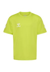 T-shirt vert clair à manches courtes fabriqué en tissu lisse et léger. Présente des accents blancs et un logo sur le devant et les manches.