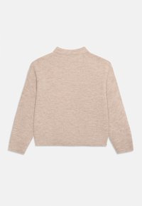 Light beige, ribbed knit sweater with a high collar and long sleeves. Soft texture, cropped design, and simple construction.