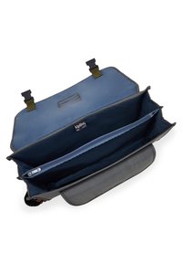 Bolsa de tela gris con interior azul, cuenta con dos compartimentos, uno de ellos con cremallera. Asas unidas con resistentes clips. Diseño duradero y práctico.