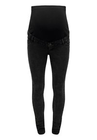 Maternity jeans in dark black denim, featuring a high, stretchy belly panel for comfort, slim-fit design, and classic five-pocket styling.