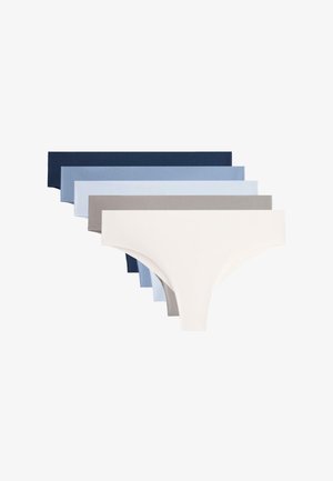 Pet parapolnih tangic brez šivov v različnih odtenkih: mornarsko modra, svetlo modra, siva in bela; gladek material z minimalističnim dizajnom.