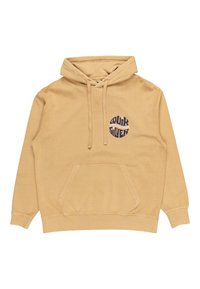 Beige cotton hoodie with a kangaroo pocket, drawstring hood, and circular graphic in navy and white featuring text. Soft texture, relaxed fit.