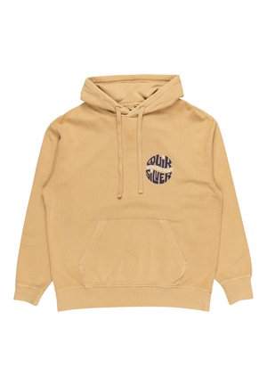 Sudadera de algodón beige con bolsillo tipo canguro, capucha con cordón y gráfico circular en navy y blanco que incluye texto. Textura suave, ajuste relajado.