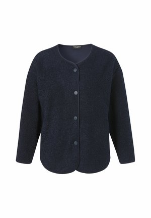 Donker marineblauwe gestructureerde cardigan met lange mouwen, ronde hals en vier knopen aan de voorkant, gelabeld "VIA APPIA DUE."