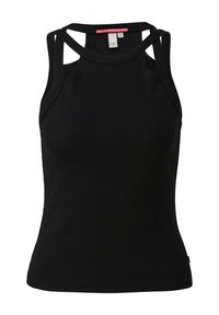 Débardeur côtelé noir à coupe ajustée. Présente des bretelles croisées dans le dos et une étiquette avec le logo "QS". Étiquette de taille visible à l'intérieur.