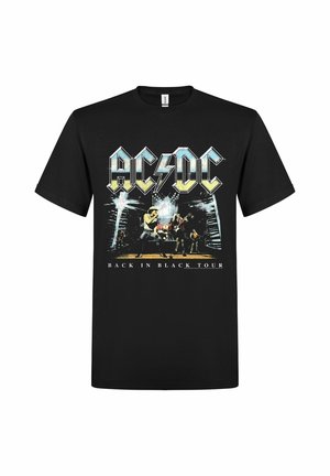 Czarny T-shirt z logo AC/DC, członkowie zespołu grający na scenie oraz tekst "Back in Black Tour" pod obrazem.
