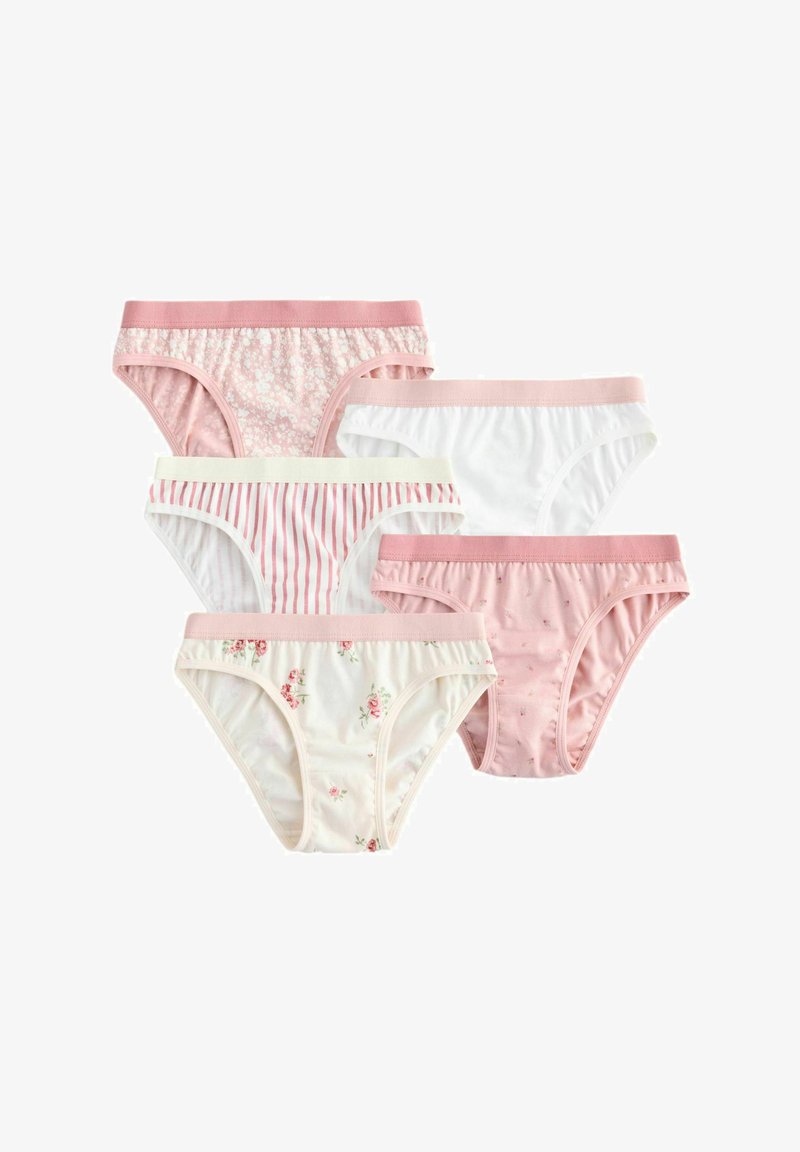 Cinq paires de sous-vêtements pour filles en teintes pastel : imprimés floraux, rayures et couleurs unies. Tissu doux avec ceintures élastiques et motifs variés.